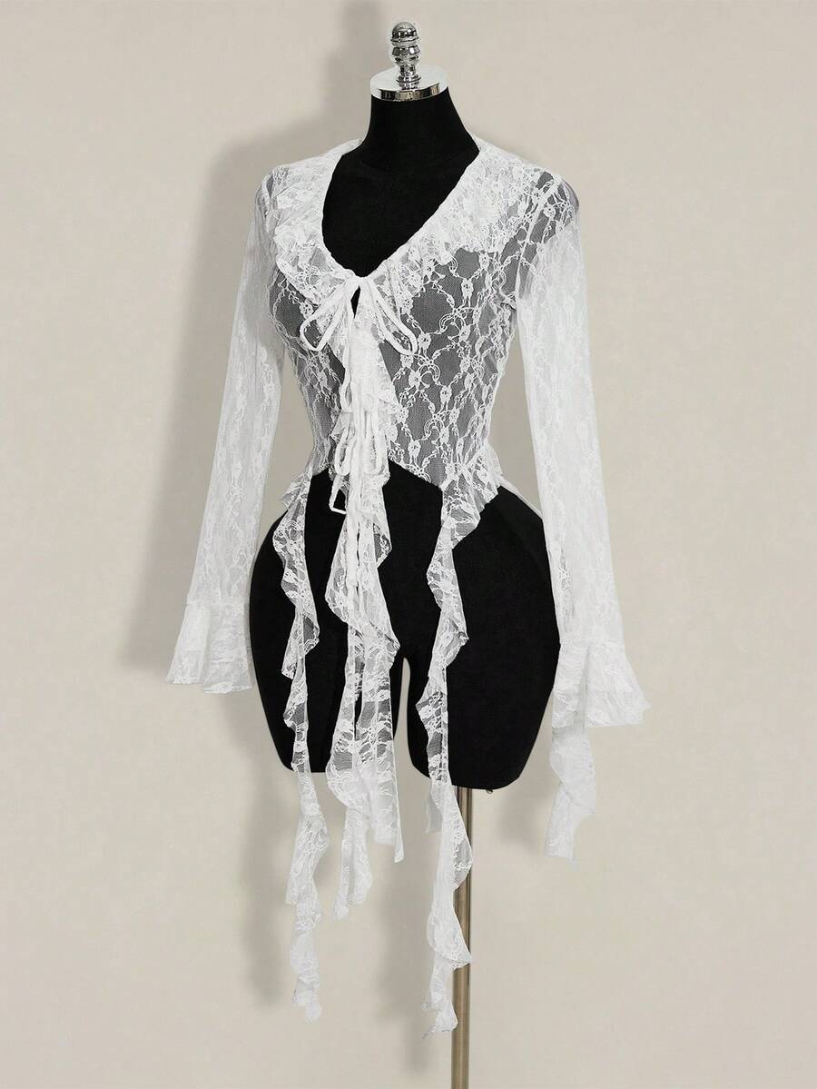 SHEIN ICON 2026 Noutate Sosire Femei Floral Lace Patchwork Ruffle Hem Față Cravată Mânecă Evazată Top La modă Cămașă Transparentă din Dantelă, Topuri pentru Ieșiri în oraș, Tricou Transparent de Festival Femei Alb Din Dantelă Covoraș - alb - Vizualizare 1