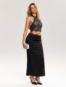 Sweetina Women Floral Lace Halter Crop Top And Fish Tail Midi Skirt 2 Pieces Set - Black - View 5