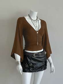 EgrlEra Áo thun nữ màu trơn cổ chữ V sâu, tay lửng xòe ôm sát, gợi cảm. - màu nâu - Xem 4