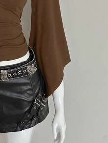 EgrlEra Áo thun nữ màu trơn cổ chữ V sâu, tay lửng xòe ôm sát, gợi cảm. - màu nâu - Xem 5