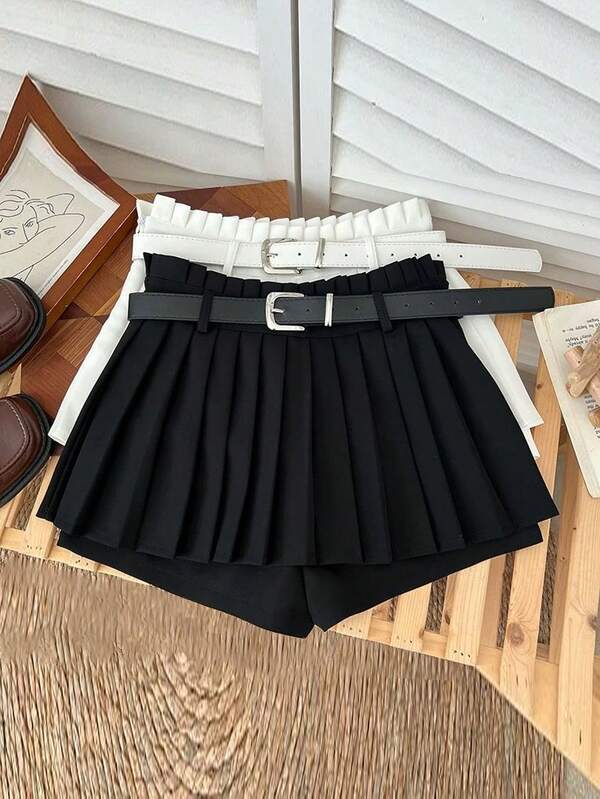 SHEIN PETITE מכנסי קולוט קפלים אלגנטיים, אופנתיים, רב-תכליתיים, בצבע אחיד לנשים