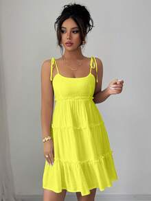 Elenzga 瑞士圆点荷叶边吊带连衣裙 度假沙滩装 女款 - 鵝黃色 - 查看 6