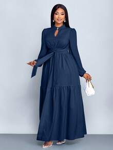 SOLERSUN Plus-Size Women's Fashion Solid Color Loose Casual Stand Collar Front Slit Teardrop Button High-End Design Tie-Waist Slim A-Line Long Dress, Elegant, Comfortable, Casual And Fashionable Commuter Dress - Navy Blue - View 4