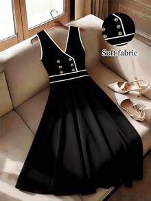 GlowEve CURVE Plus Size Summer Casual Elegant Contrast Trim Button Decor Dress - Black and White - View 1