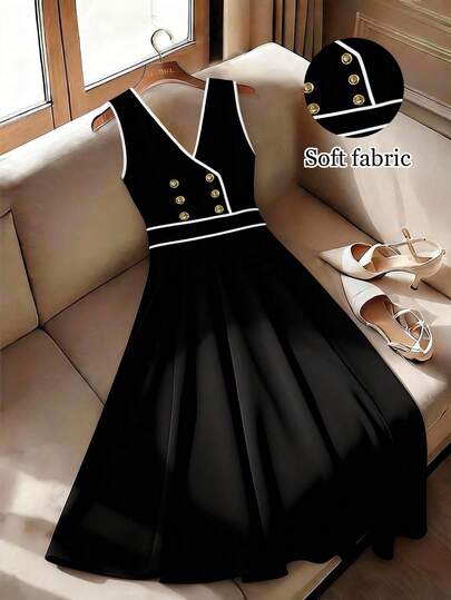 GlowEve CURVE Plus Size Summer Casual Elegant Contrast Trim Button Decor Dress