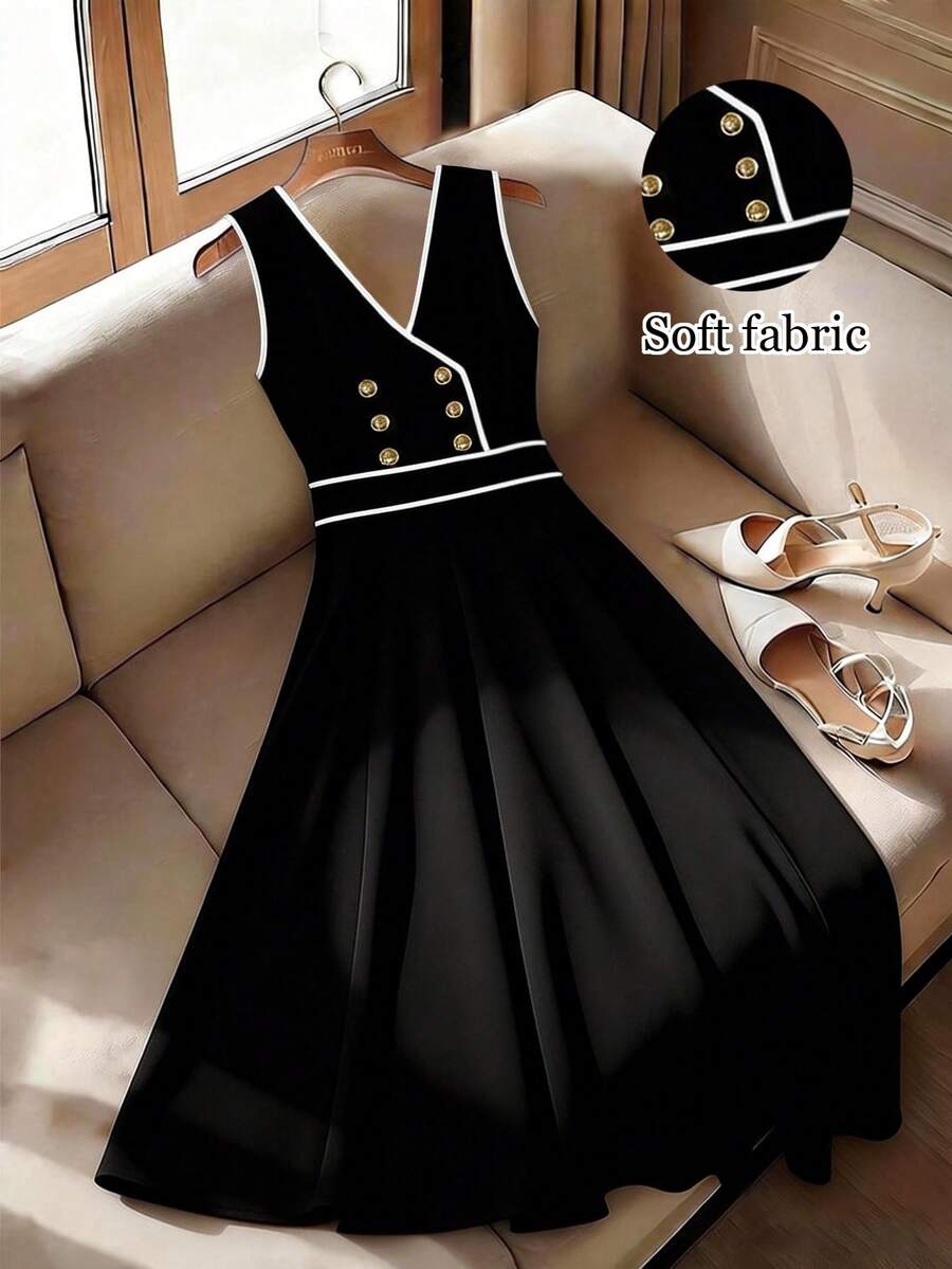 GlowEve CURVE Plus Size Summer Casual Elegant Contrast Trim Button Decor Dress - Black and White - View 1