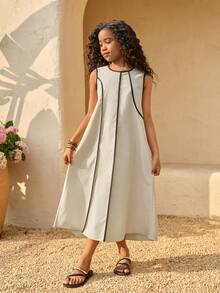 Sparklyn 少女休闲度假卡其色亚麻撞色滚边宽松连衣裙，适合海滩度假 - 卡其色 - 查看 1