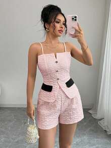 Elenzga 2pcs Women Jacquard Camisole Top And Shorts Set - Pink - View 6