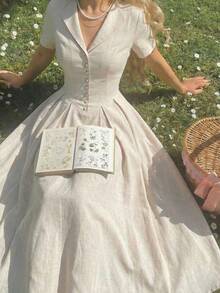 SHEIN MOD Váy midi xếp ly màu mơ có cổ - Màu be - Xem 1