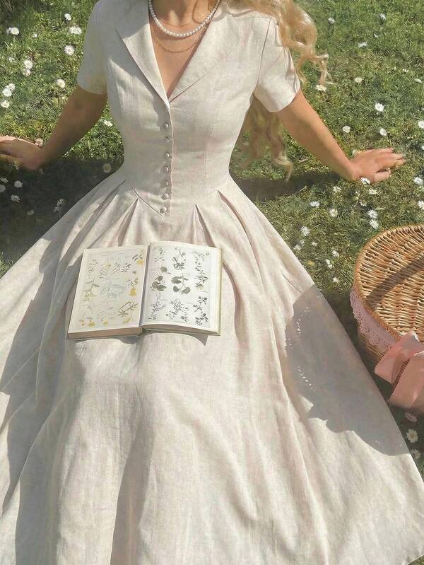 SHEIN MOD Women's Apricot Pleated Midi Dress With Collar,Short Sleeve,Vacation Outfits ,Modest Dresses For Women,Spring Break Dresses,Summer Holiday Outfits,Valentine's Day Dress,Birthday Dress For Women, Elegant Dresses For Party,Casual Dress Tea Length Dress Dress Midi Classy Dress White Vintage Dress, Garden Dress, Victorian Vintage Style Dress, French Style Dress, Cottagecore Dress