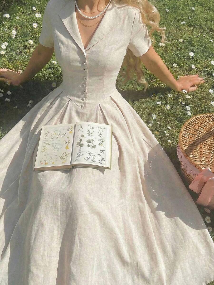 SHEIN MOD Váy midi xếp ly màu mơ có cổ - Màu be - Xem 1