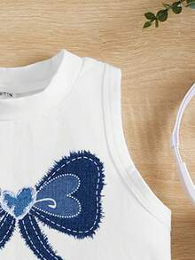 SHEIN Happikins Young Girl Casual Minimalist Cartoon Bow Pattern Sleeveless Round Neck Tank Top, Suitable For Summer - Multicolor - View 5