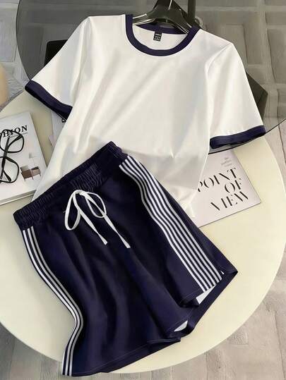 SHEIN Franclia 2件套休闲运动撞色条纹短袖T恤和短裤 女士休闲简约时尚两件套