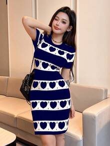 SHEIN LUNE 女士爱心印花撞色圆领短袖毛衣连衣裙 - 寶藍色 - 查看 3
