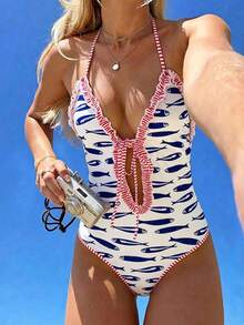 SHEIN Swim Vcay 针织假日派对户外沙滩性感数码印花海洋吊带花卉鱼红色白色多色蕾丝纯黑色定位印花无钢圈优雅夏季女士比基尼泳衣套装鱼印花泳衣荷叶边泳衣挂脖泳衣沙滩泳衣女士连体泳衣 - 彩色 - 查看 1