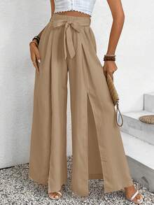 SHEIN Frenchy 女士纯色休闲度假开衩系带宽松裤 - 卡其色 - 查看 3