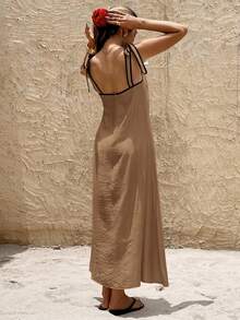 SHEIN Frenchy Women's Summer Beach Vacation & Commute Contrast Binding Knot Shoulder Dress,Summer Dress,Vacation Dress - Khaki - View 2