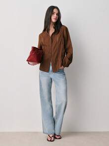 Nöista Áo kiểu màu nâu có viền ren dọc, cổ cao xếp nếp, cài cúc phía trước và tay dài với cổ tay bo chun. Thích hợp cho mùa xuân, hè, nữ. - màu nâu - Xem 4