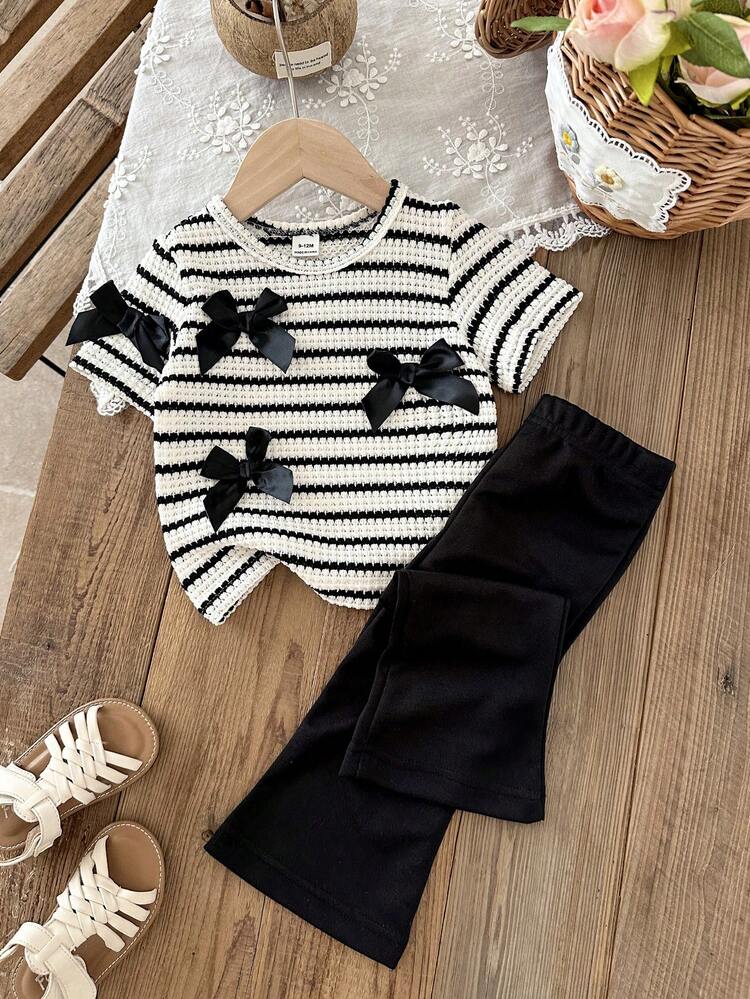 SHEIN 2件套女童时尚可爱休闲蝴蝶结装饰条纹短袖上衣和裤子套装，适合春夏季节、居家、户外、旅行、日常穿着 - 彩色 - 查看 8