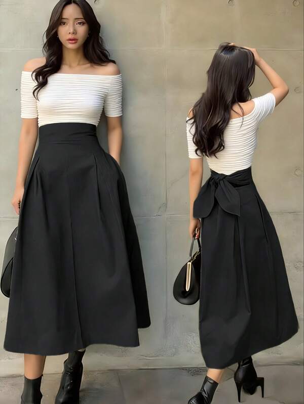 Falda larga de cintura alta para mujer, con lazo frontal, acampanada, con bolsillos, para mujer