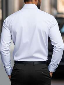 Calvornis Men Plus Size White And Black Autumn Smart Casual Office Long Sleeve Shirt,Old Money Classic Button Down Fitted Dress Shirt,Formal Business Ceremony - White - View 2