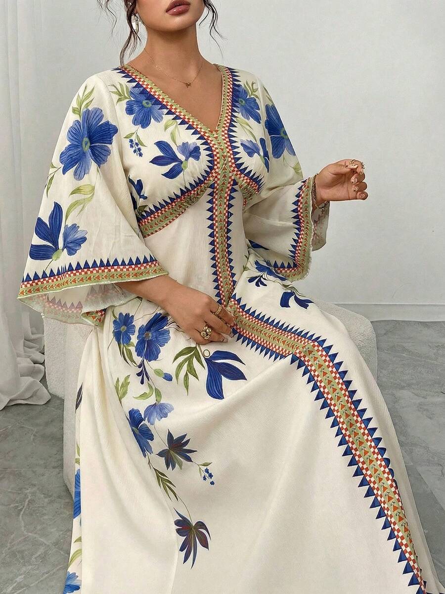 Modelyn 大码女式V领修身A字印花度假连衣裙，适合休闲、约会和居家穿着 - 藍色 - 查看 1