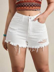 SHEIN Tall Women's Casual Solid Color Distressed Frayed Hem Fitted Denim Shorts, Summer - White - View 3