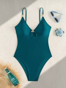 Swim Chiccia 1pc Women's Solid Color Spaghetti Strap Swimsuit With Gold Decor, Adjustable Back - Blue - View 4