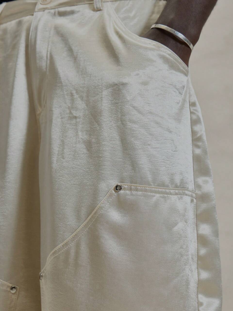 Satin Style High Shine Baggy Panel Contructioned Detailing Trouser Bottom Button Fastening Pants Spring Summer Essentials