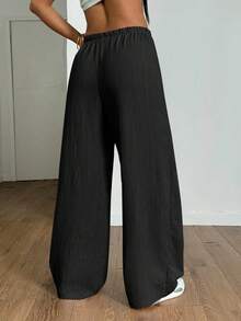 SHEIN PETITE 女士夏季纹理直筒裤 - 黑色 - 查看 2