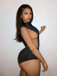 Slaydiva New Early Spring, Spring And Summer Music Festival, Valentine's Day, Casual And Simple Basic Style, Y2K, Street Sweet, Internet Sensation , Daily Date, Hot Girl Style, Sexy See-Through Round Neck, Tight Side Seam, Large Cutout, Tight Jumpsuit - Black - View 4