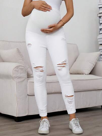 SHEIN High Stretch Fitted Knit Belly Wrap Casual Fashionable Distressed Skinny Jeans Spring To Summer Carnival Costume Commuting Vacation Graduation Chic Y2k Cute Streetwear Party Wedding Elegant Business Casual Woman Chic White Distressed Maternity Jeans Skinny Fit For Expectant Mothers White Distressed Maternity Jeans High Waist Belly Support Maternity Pants Stretch Maternity Skinny Jeans Spring Break Must-Have Maternity Jeans Easter Fashion Maternity Jeans Spring Commuter Style