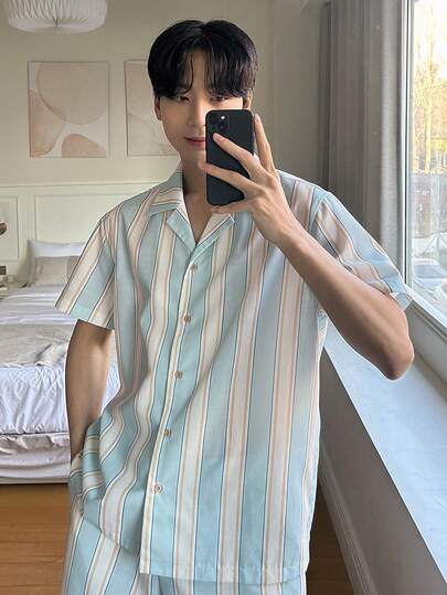 DAZY Men's Striped Short Sleeve Shirt And Shorts Pajama Set, Summer