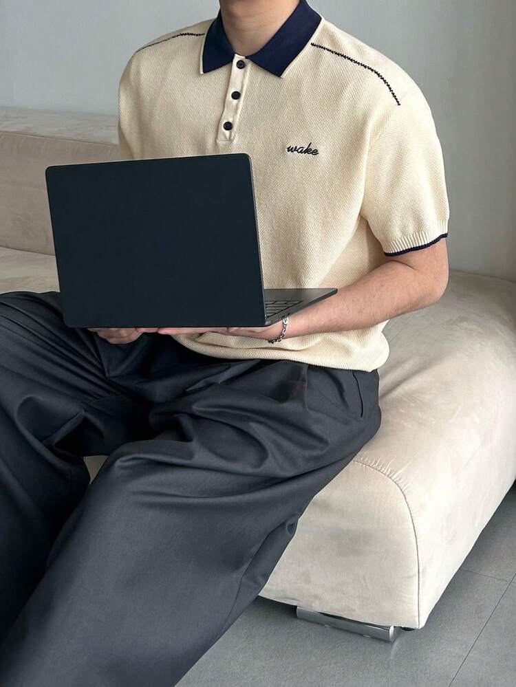 Men's Patchwork Contrast Color Polo Shirt, Navy Collar & Beige Body, Summer