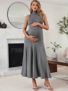 SHEIN Vestido casual de uso diario para salidas y reuniones, de unicolor y cuello alto, para embarazadas - Gris - Ver 2