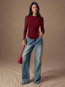 SHEIN BAE Áo thun dài tay xếp ly màu trơn dành cho nữ, kiểu dáng thường ngày. - Màu Đỏ Sâu - Xem 3