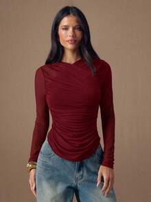 SHEIN BAE Áo thun dài tay xếp ly màu trơn dành cho nữ, kiểu dáng thường ngày. - Màu Đỏ Sâu - Xem 6