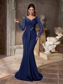 Aureia Elegante y lujoso traje de baño decorativo con parches de botones, perlas y lentejuelas, manga transparente de punto, falda de sirena fruncida, adecuado para boda, fiesta, vacaciones, vestido de gala (con mucho bordado) - Azul Marino - Ver 2