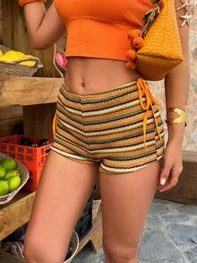 Selianne Women's Summer Vacation Striped Side Tie Shorts - Army Green - View 5