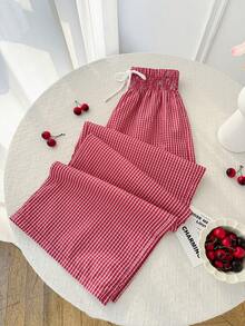 Sweetra 女士新年、夏季、万圣节、圣诞节、感恩节服装，新品上市，适合派对、通勤、日常、度假、海滩、休闲穿着。女士夏季沙滩裤，红白格子裤，红色裤子搭配白色扭结蝴蝶结腰带设计，宽松裤腿，休闲度假海滩时尚裤 - 紅白色 - 查看 1