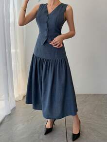DAZY Women's Solid Color V-Neck Sleeveless Fashionable Minimalist Summer Suit - Blue - View 8
