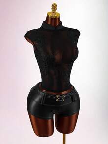 Amplova 女士薄纱花卉上衣，性感露背设计，立领，性感撩人 - 黑色 - 查看 4