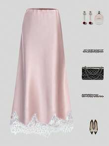 Franclia Falda de satén rosa con ribete de encaje en contraste para mujer - Rosa - Ver 6