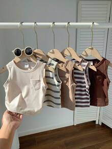 SHEIN 5件套男女宝宝夏季可爱百搭针织条纹背心，多色百搭背心套装 - 彩色 - 查看 3