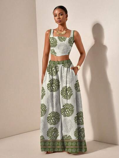 Zivah Spring/Summer Women's Wide Leg  Trousers With Pockets And Square Neck Sleeveless Crop Two Piece Set/New Music Festival/Western /Boho/Easter/Nashville/Birthday/Graduation Student Daily/Casual All-Match Versatile Leisure/Cruise/Travel Beach Sunbathing/Vacation/Daily Commute/Floral Print