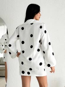 White Polka Dot Printed Two Pieces Set – Button-Up Shirt And Mini Skirt - Black and White - View 3