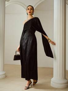 ZEYLAH Women's Asymmetrical Neckline Ribbon Design Sense Cloak Sleeve Cinched Waist Long Dress, Suitable For Party And Banquet - Black - View 4