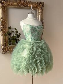 Lovelzi Elegant & Luxurious Wine Red Sequin Embroidery Mesh Puff A-Line Ballgown - Green - View 3