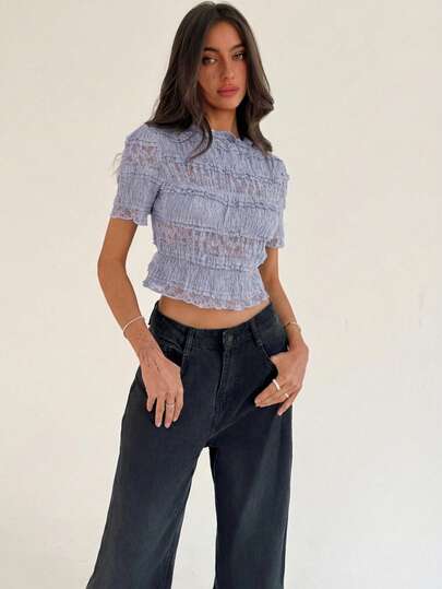 Aloruh Elegant Semi-Sheer Lace Frill Trim Blouse, Suitable For Vacation & Dates