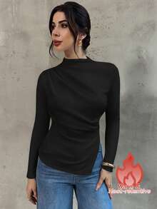 Firerie Women's New Design Sense Mock Neck Long Sleeve T-Shirt, Fashionable And Elegant Fitted Undershirt For Autumn/Winter, Side Slit Casual Top, Coffee Color Long Sleeve T-Shirt, Knitted Stretchy Fabric Top, Suitable For Spring, Autumn And Winter, Elegant, Commute, Casual, Daily, Minimalist, Work Wear - Black - View 5